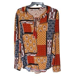 Cloth & Portrait Long Sleeve Multicolor Patchwork Top with Tassel Size Large